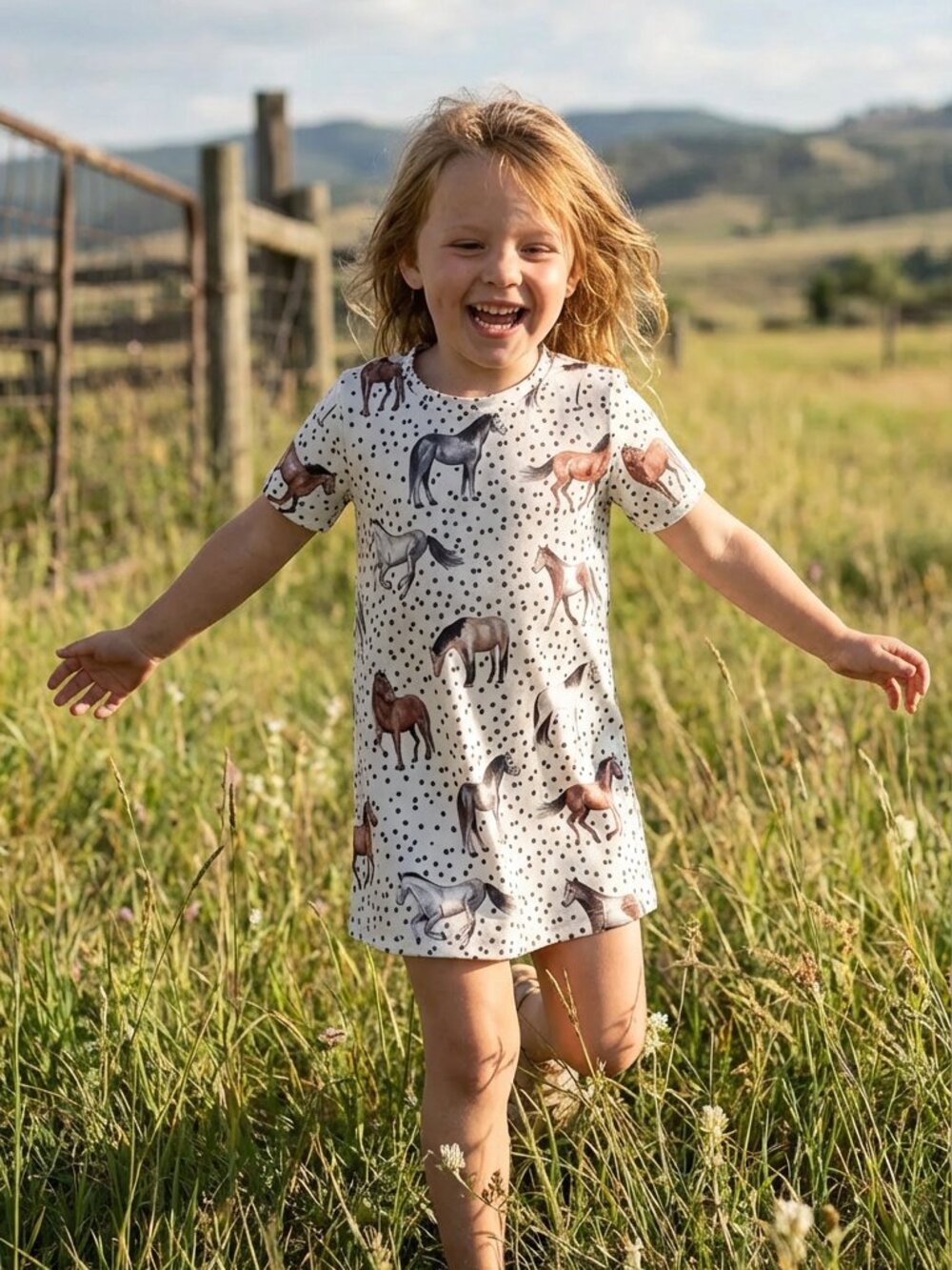Girls Horse T-Shirt Dress | Polka Dot Horse Print Dress | Kids Casual Dress